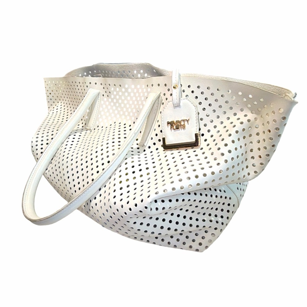 Poverty Flats Perforated White Tote Bag w/ Removable Insert Beach Resort Handbag - Picture 7 of 14